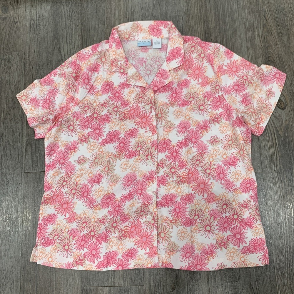 Kim Rogers Petite PL Pink Floral Button Up Blouse Short Sleeve Cotton Rayon